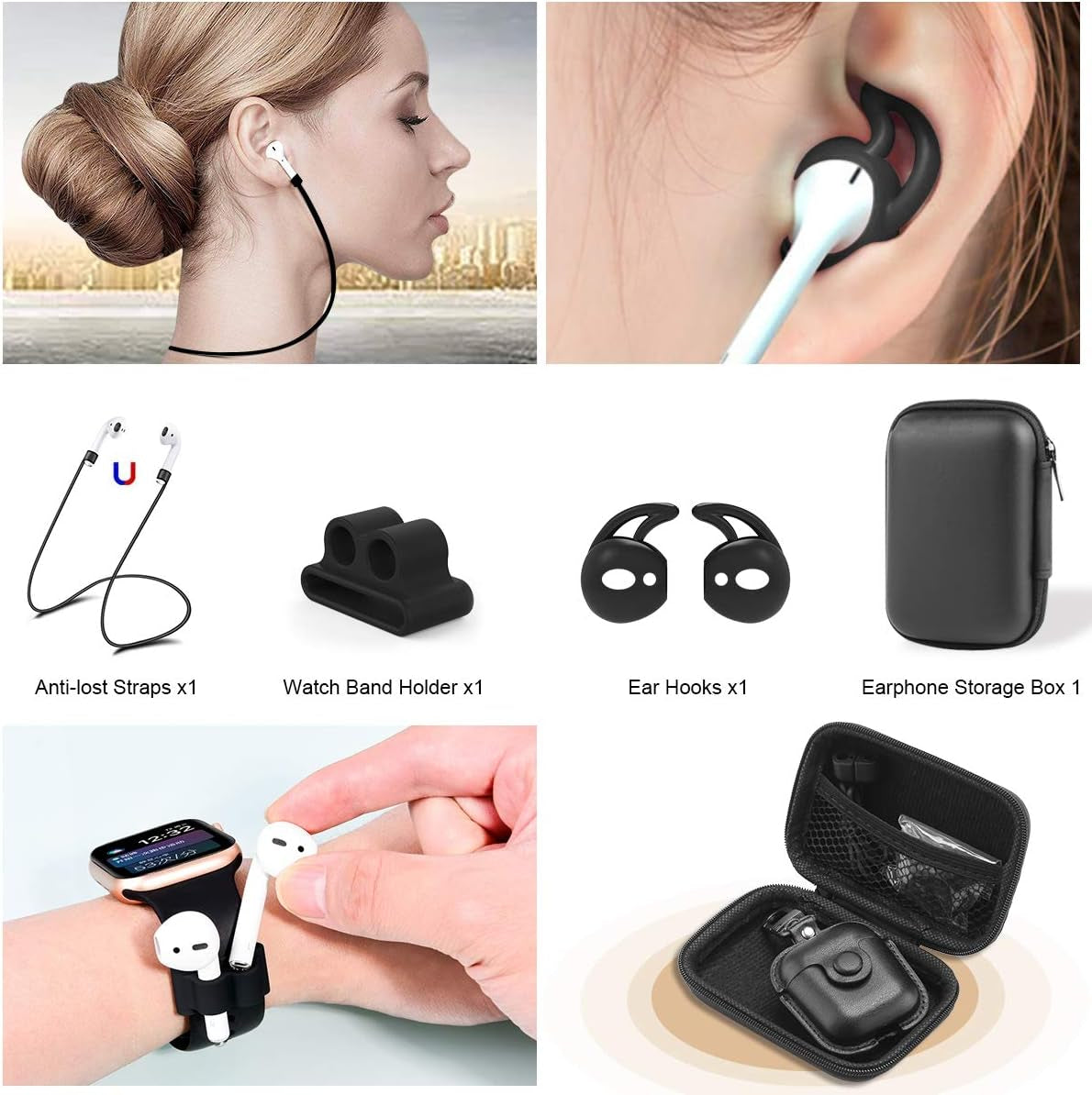 Premium Leather AirPods Case for 2nd Generation - Protective Cover with Keychain, Ear Hooks, Anti-Lost Straps & Watch Band Holder - Compatible with Apple AirPods 1 & 2 - Sleek Black Finish