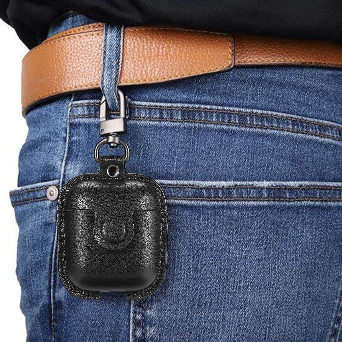 Premium Leather AirPods Case for 2nd Generation - Protective Cover with Keychain, Ear Hooks, Anti-Lost Straps & Watch Band Holder - Compatible with Apple AirPods 1 & 2 - Sleek Black Finish