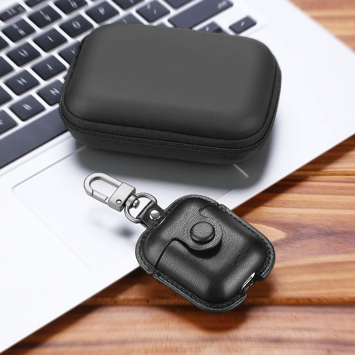 Premium Leather AirPods Case for 2nd Generation - Protective Cover with Keychain, Ear Hooks, Anti-Lost Straps & Watch Band Holder - Compatible with Apple AirPods 1 & 2 - Sleek Black Finish