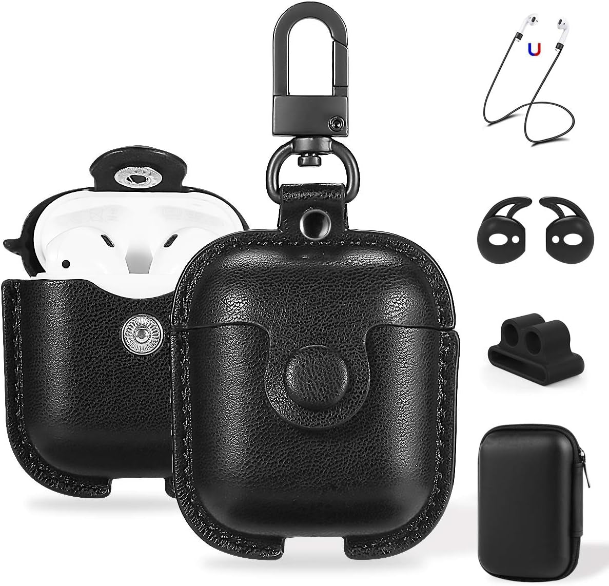 Premium Leather AirPods Case for 2nd Generation - Protective Cover with Keychain, Ear Hooks, Anti-Lost Straps & Watch Band Holder - Compatible with Apple AirPods 1 & 2 - Sleek Black Finish