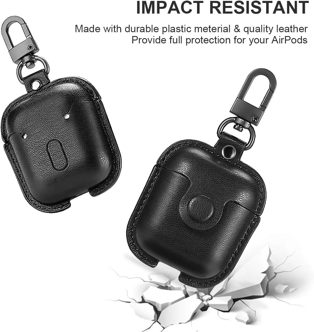 Premium Leather AirPods Case for 2nd Generation - Protective Cover with Keychain, Ear Hooks, Anti-Lost Straps & Watch Band Holder - Compatible with Apple AirPods 1 & 2 - Sleek Black Finish