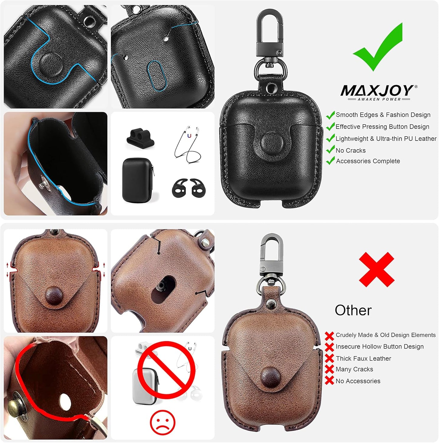 Premium Leather AirPods Case for 2nd Generation - Protective Cover with Keychain, Ear Hooks, Anti-Lost Straps & Watch Band Holder - Compatible with Apple AirPods 1 & 2 - Sleek Black Finish