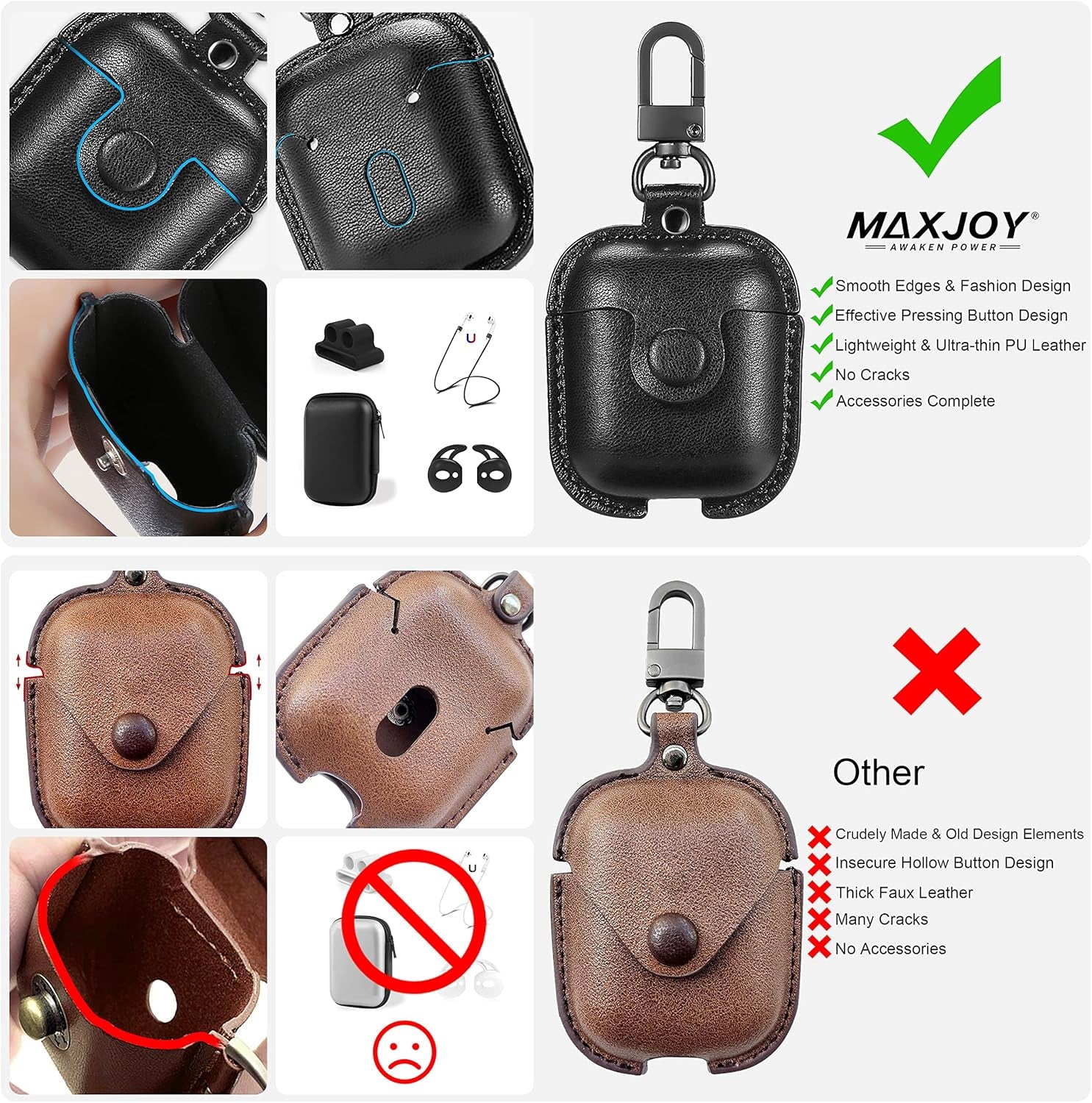 Premium Leather AirPods Case for 2nd Generation - Protective Cover with Keychain, Ear Hooks, Anti-Lost Straps & Watch Band Holder - Compatible with Apple AirPods 1 & 2 - Sleek Black Finish