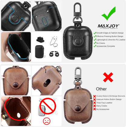 Premium Leather AirPods Case for 2nd Generation - Protective Cover with Keychain, Ear Hooks, Anti-Lost Straps & Watch Band Holder - Compatible with Apple AirPods 1 & 2 - Sleek Black Finish