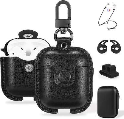 Premium Leather AirPods Case for 2nd Generation - Protective Cover with Keychain, Ear Hooks, Anti-Lost Straps & Watch Band Holder - Compatible with Apple AirPods 1 & 2 - Sleek Black Finish