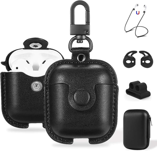 Premium Leather AirPods Case for 2nd Generation - Protective Cover with Keychain, Ear Hooks, Anti-Lost Straps & Watch Band Holder - Compatible with Apple AirPods 1 & 2 - Sleek Black Finish