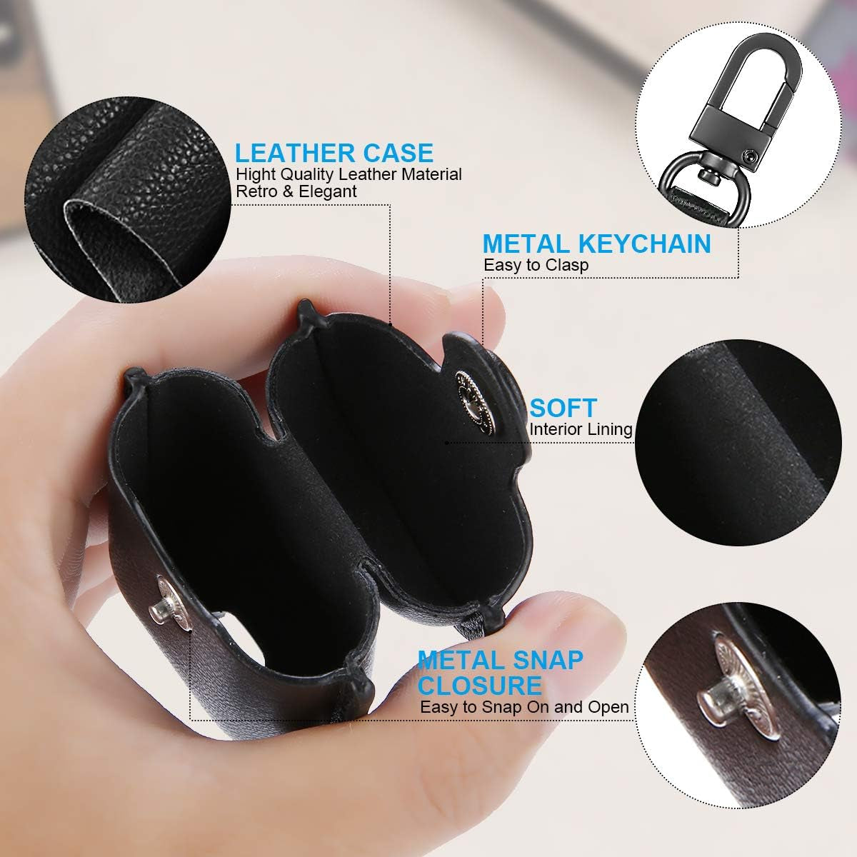 Premium Leather AirPods Case for 2nd Generation - Protective Cover with Keychain, Ear Hooks, Anti-Lost Straps & Watch Band Holder - Compatible with Apple AirPods 1 & 2 - Sleek Black Finish